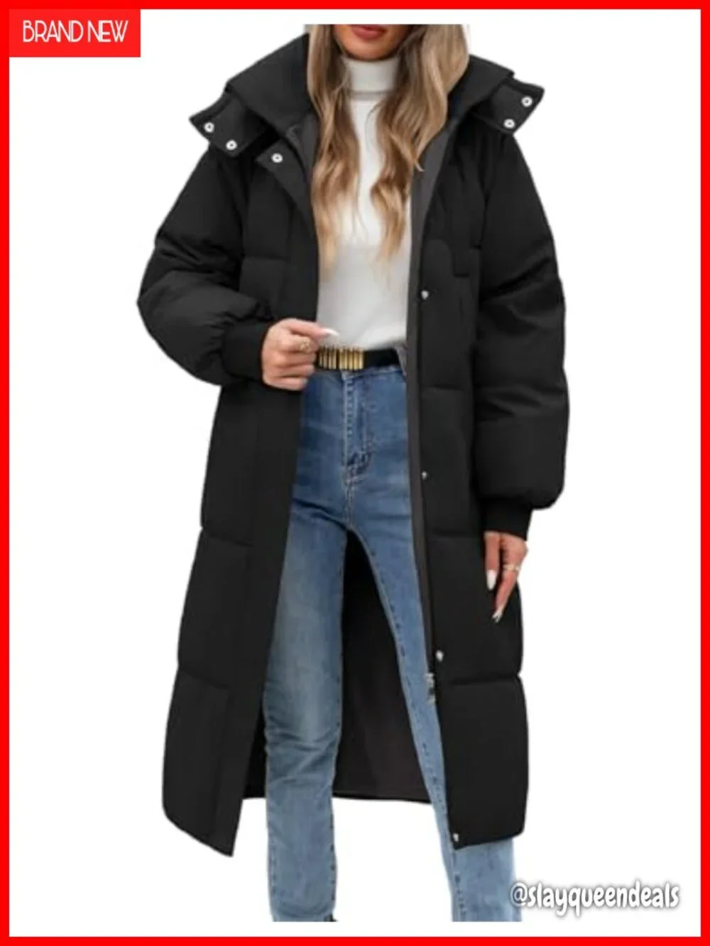 Winter Long Puffer Coat Hooded Parka Full Length Down Zip Front